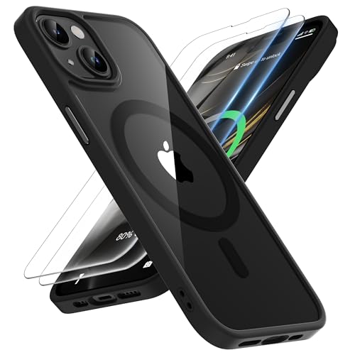 ORETECH Magnetic for iPhone 13 Case, [Compatible with MagSafe] [2 Pcs 9H Screen Protectors] [15 FT Military Grade Drop Protection] Transparent Back Shockproof Bumper Thin Cover - Black