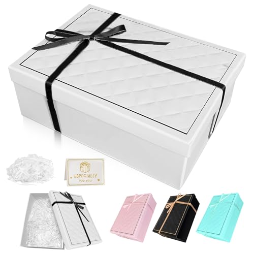 Geschenkbox mit Deckel, 25x18x8.5cm Falt Geschenke Box mit Schleifen, Raffia, Grußkarten - Set, Geschenkbox Geburtstag für Valentinstag Geburtstage Weihnachten Hochzeit (Weiß)