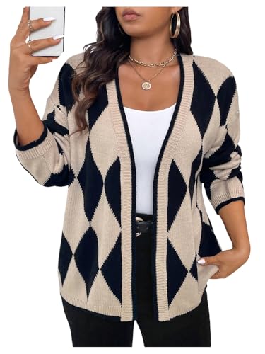 Women's Plus Size Geometric Graphic Cardigan Sweaters Open Front Long Sleeve Knit Outerwear