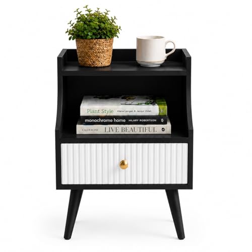 Image of ETIQUETTE ART Modern Fluted Nightstand with Drawer and Open Storage Shelf, Bedside Table with Round Edge, Boho Night Stand with Solid Wood Legs & Knob Handle End Table for Bedroom (Black&White)