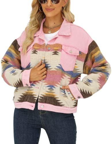 Himythe Women’s Aztec Shacket Jacket Lapel Long Sleeve Retro Jean Coat Oversized Western Denim Jacket(0070-LightPink-S)