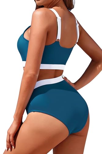 Image of Womens High Waisted Bikini Sets Sporty Crop Top Color Block Swimwear Bandeau Scoop Neck Vintage Two Piece Bathing Suits