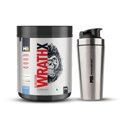MuscleBlaze Pre Workout Wrathx Powder, Cola Frost (340g) + Stainless Steel Gym Shaker (700ml)-image-32