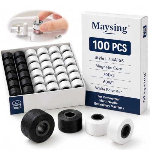 Maysing 100 Pcs Magnetic L Prewound Bobbins for Embroidery Machine Polyester Prewound Bobbin Thread 70d for Commercial Home Sewing (White Black)
