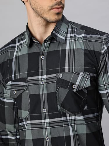 Image of Majestic Man Men's Pure Cotton Cargo Checks Shirt with Dual Flap Pockets - Slim Fit | Full Sleeve | Casual Wear | Trendy & Comfortable