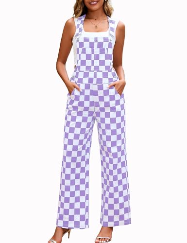 YXLUOKY Overalls for Women Loose Fit Jumpsuits Fashion Checkered Straight Leg Pants Stretch Bib Coveralls(Purple Checkered M)