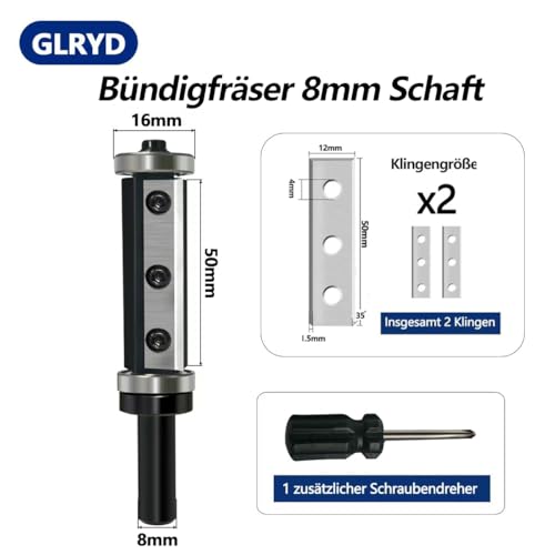 GLRYD Bündigfräser 8mm Schaft, 50mm Schnittlänge, D=16mm, 2-Schnittflächen Wendeplatten Hartmetall, mit Kugellager Oben und Unten, für Holzbearbeitung Flächenbündig/Kopierfräsen/Kantenbearbeitung