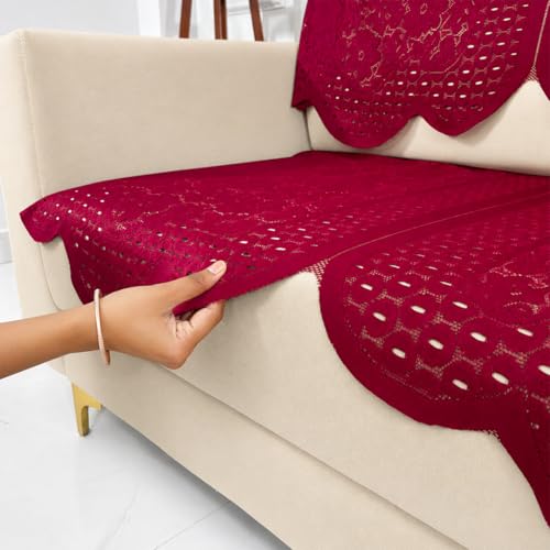 Image of Homerz Premium 'Surya Series' Sofa Cover | Stylish Sofa Protector | Net Fabric | Anti-Stain & Washable Slip Cover Exact Size Antislip (Flower Valley Maroon, 6 (3+2+1) Seater, Seat Cover with Backrest)