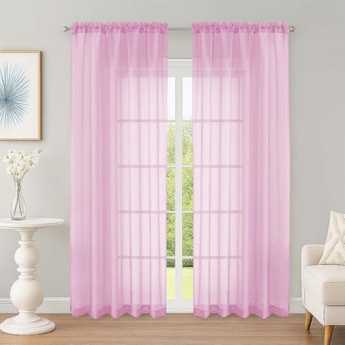 Image of OWENIE Sheer Curtains 84 Inches Long 2 Panels Set, Sheer Pink Curtains for Living Room Bedroom 59 Inch Extra Wide, Modern Voile Filmy Rod Pocket Drapes, 2 Pcs, Each 59 W x 84L, Pink