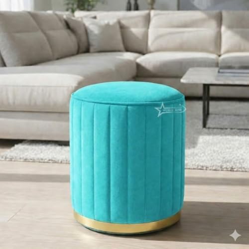 Image of Upholstered Round Linen Strip Stool Living Room Foot Rest Office Stool Pouf Ottoman Padded Seat - Aqua