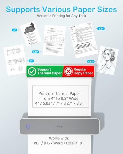Image of PRT MT610 Inkless Portable Printer Wireless Thermal Mobile Printers with Carry Case & 200 Sheets Paper, Supports 8.5 inchx11 inch US Letter & A4, Bluetooth Travel Printer for Laptop, iOS & Android, Grey