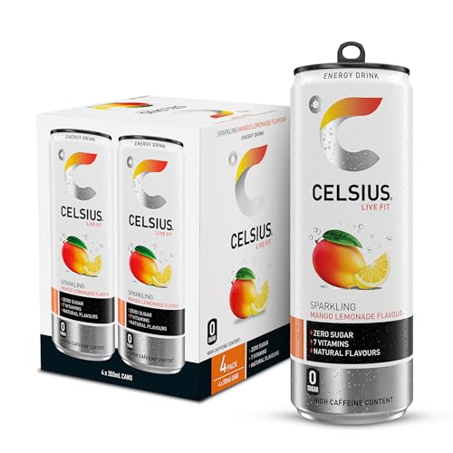 Celsius Energy Drink, Sparkling Mango Lemonade, Natural Flavours. No Artificial Colours, Sugar Free Energy Drinks, 355 Ml, 4-Pack