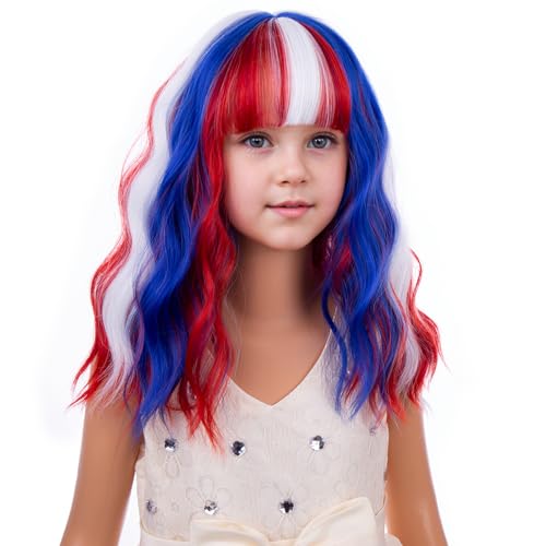 Image of PATTNIUM 4th of July Wigs for Girls Kids Blue Red and White Wig with Bangs Children Short Rainbow Wavy Curly Girl Colorful Bob Wigs Synthetic Halloween Cosplay Wig