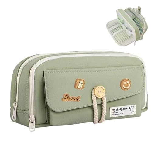 KASESSS Estuche Escolar, Estuches Escolares, Estuche Grande con Parches Decorativos, 4 Compartimentos Grande Estuche Lápices, Multifuncional Pencil Case para Adolescentes, Hombres y Mujeres, Verde