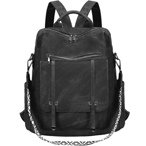 Leathario Mochila Mujer de Cuero PU con Multibolsillos, Mochila Casual y Funcional para Uso Diario, Viajes, Escuela y Universidad Negro Mate