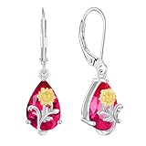 VESHON Aretes colgantes de plata de ley 925 con diseño de girasol y circonita cúbica para mujer, 8 x 12 mm, con piedra natal de lágrima, regalos de joyería para mujer, plata de ley, circonita cúbica