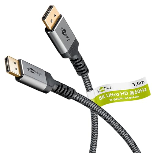 goobay 65266 Cavo DisplayPort 1.4 fino a 8K @ 60Hz (UHD), 4K @ 144Hz e 2K @ 240Hz, DP, cavo Displayport ad alta velocitĂ , cavo display, nylon intrecciato, gaming, streaming video HD, 3m
