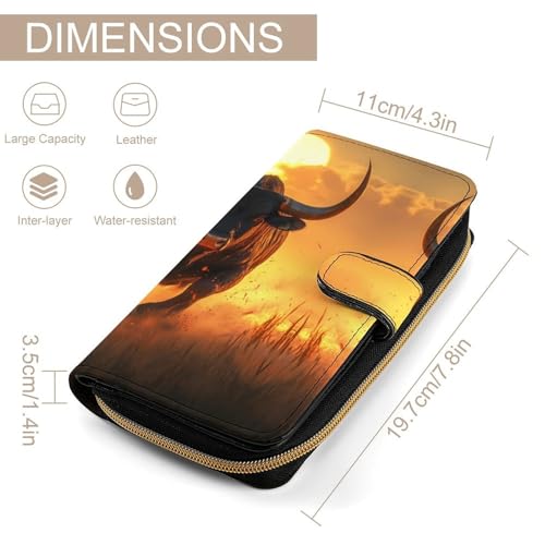 Angry Running Bull Sunset Fashion Women's Wallet RFID Blocking Bifold Clutch Purse Compact Card Holder 19.7x11x3.5cm2