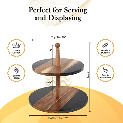 Balin Designs Two Tiered Serving Tray, Black Round Acacia Wood Tiered Tray, 2 Tier Serving Stand For Kitchen Counter Decor, Round Wooden Trays For Home Decor - Black Slate #TOP1