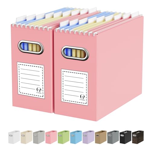 Oterri File Organizer Box, Portable Collapsible Cardboard File Folder Organizer with Handle for Letter Size Hanging Files, Document Storage Box for Home Office & Classroom (2 Packs, Pink)