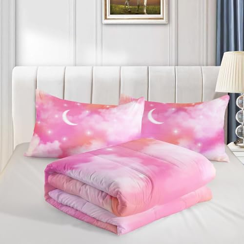 Image of QOOMO Pink Cloud Comforter Set, Rainbow Star Sky Duvet Set Bedding Set Full Size for Girls Boys with 2 Pillow Shams Lightweight Microfiber for All Seasons