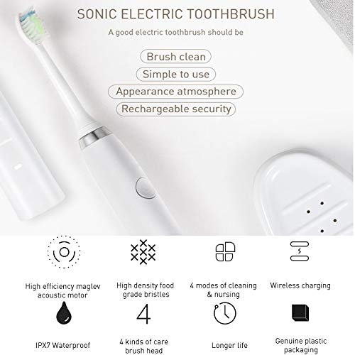 Sonico ultrasonico Spazzolino elettrico ricaricabile 5 modalità di ricarica USB IPX7 2pcs impermeabili capi for adulti Deep Clean (Color : Black)