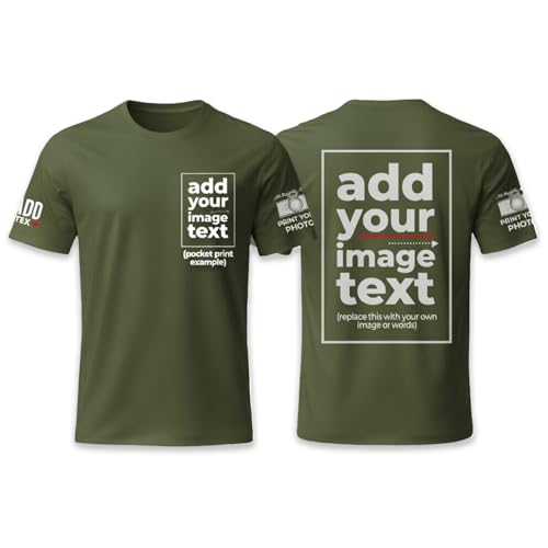 T-Shirt Personnalisé Unisexe – Créez Votre Design avec Photo, Image, Logo ou Texte – Impression Dos – Vert Militaire – Tailles S | M | L | XL | 2XL |...