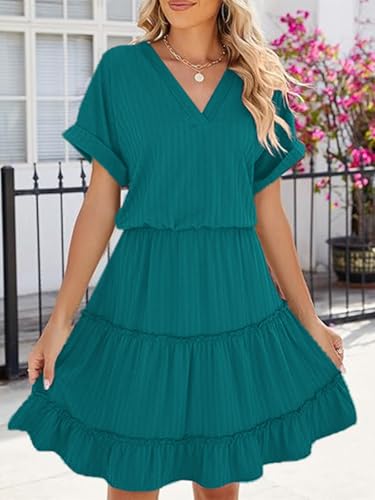 Image of PerZeal Women's Casual V Neck Short Sleeve Tiered Dress Ruffle Hem A-Line Flowy Swing Midi Dresses