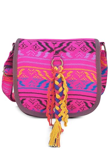 Image of The House of tara Ethnic Handloom Crossbody Sling Bag | Embellished with Tassels and Trims. Flap Closure Snap Button | Multicolour Crossbody Bag for Women | Handmade | Elegant Design