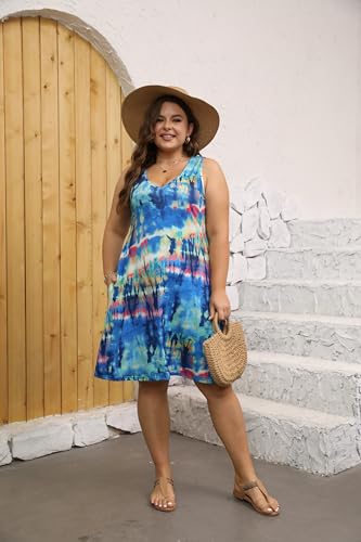 Image of Women Plus Size V Neck Sleeveless Floral Print Pocket T Shirt Dresses Casual Midi Tank Dress Beach Cover up Sundress (XL-5X)