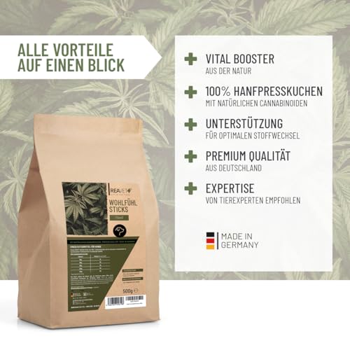 ReaVET Hunde Leckerlis mit Hanf 500g, Wohlfühl Sticks - Natürliche Beruhigung & Entspannung bei Angst oder Stress - Hundeleckerlis, Hundekekse aus Hanfpresskuchen getreidefrei & naturbelassen