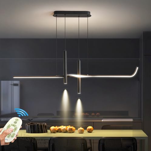 Moderna Lampadario Isola Cucina LED Lampada a Sospensione Dimmerabile Tavolo da Pranzo Salotto con Telecomando Plafoniera Altezza Regolabile Luce per Sala da Pranzo Ufficio Lampade (L120cm, Nero)