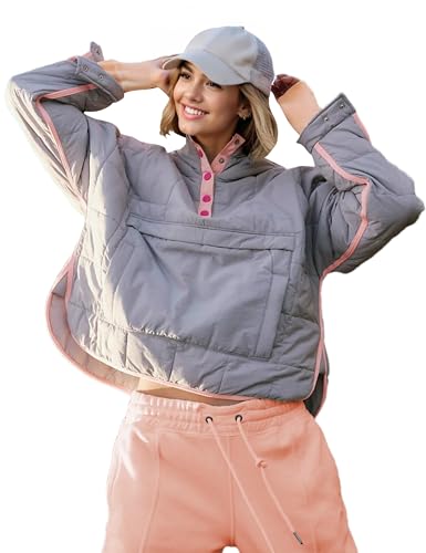 Wanzetaly Womens Quilted Pullover Puffer Jacket Oversized Lightweight Hooded Padded Coat Tops with Pocket