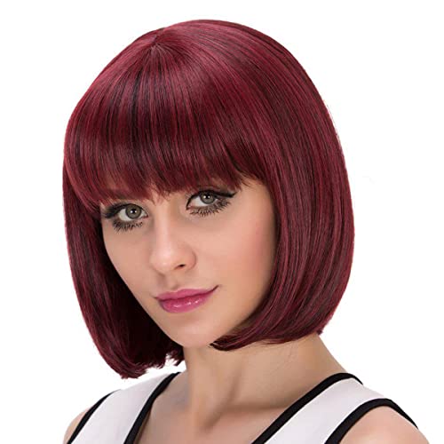 colorful panda Perücke Bob Schwarz Kurz Glatt Haar mit Pony Synthetische Bunte Cosplay Tägliche Party Perücke für Frauen Natürliche Wie Echthaar 12 Zoll (Weinrot) Cover