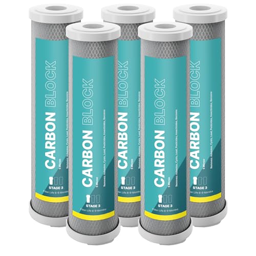 NU Aqua Reverse Osmosis Carbon Block Filter 10 Inch Replacement - 5 Micron Universal RO Water Filtration System Cartridge - 5 Pack of Premium Filters
