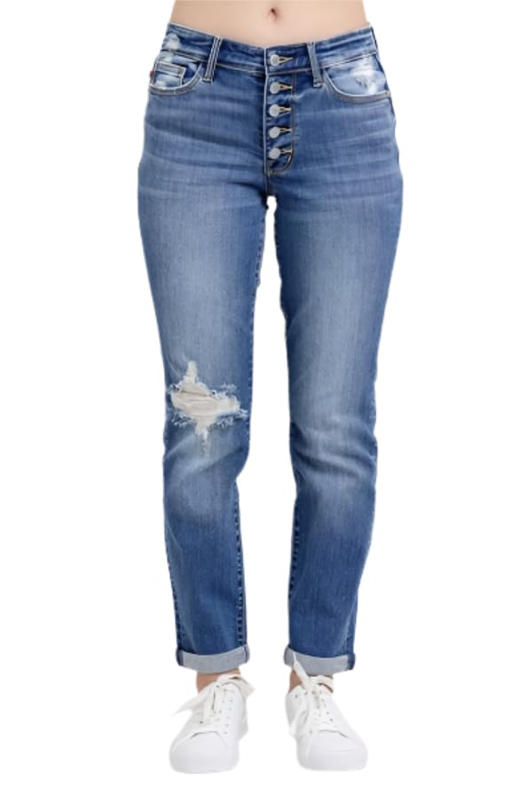 Judy Blue Mid Rise Button Fly Boyfriend Jeans- Ivory Gem