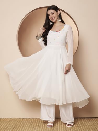 Image of PH POSHAKHUB Georgette Regular Fit Hand Embroidery Anarkali Kurta Set for Women, Yoke Anarkali Kurta for Woman, Ankle Length Anarkali Suit for Women, Full Sleeve Kurti, Dress for Woman