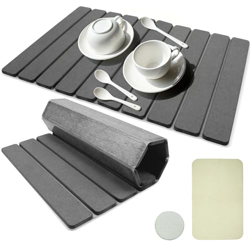 Jibrelxion Large Stone Dish Drying Mat, Foldable, Super Absorbent, Non-Slip, Quick Drying Diatomaceous Earth Pad for Dishes Bottles, Cups, Kitchen Counter and Bathroom, Gray, 23.11