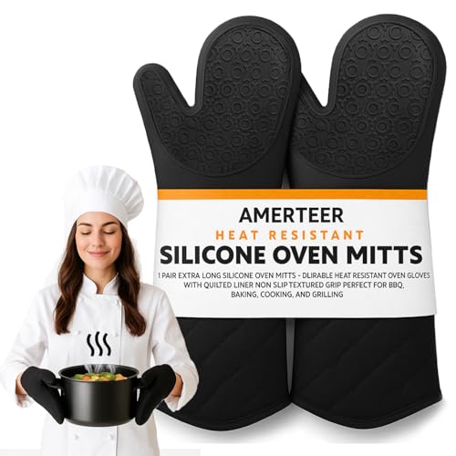 AMERTEER 1 Pair Extra Long Silicone Oven Mitts Durable Heat Resistant Oven Gloves with Quilted Liner Non-Slip Textured Grip Perfect for BBQ Baking Cooking and Grilling (Black)