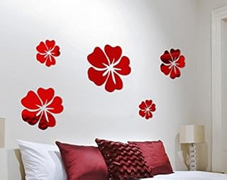 Yusylvia 5PCS Flower Mirror Flower Pattern Wall Sticker 3D Home Decoration Wall Art DIY Wall Stickers (red)