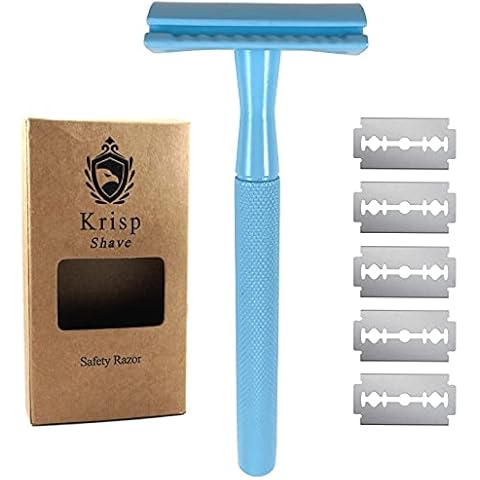 Krisp Shave Stainless Steel (4.5) Long Handle Blue Safety Razor for Women - Double Edge Razor - Fits All Double Edge Razor Blades - Comes With 5 Shaving Blades, Sky Blue Cover