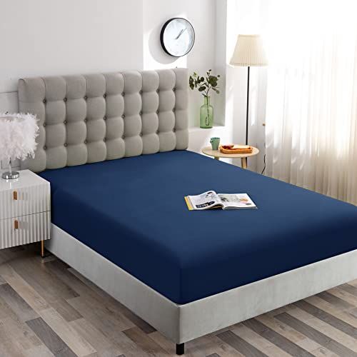 Image of Ghooss Full Size Fitted Sheet-Single Fitted Deep Pocket Sheet up to 14 Inch-Wrinkle-Fade-Stain Resistant-1 Pack(Dark Blue,Full)