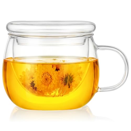 AOOTE Tasse à thé en verre de 400 ml,Grande tasse à thé avec infuseur en et couvercle en verre,Forme de Champignon, borosilicate,pour la tisane, le noir,...