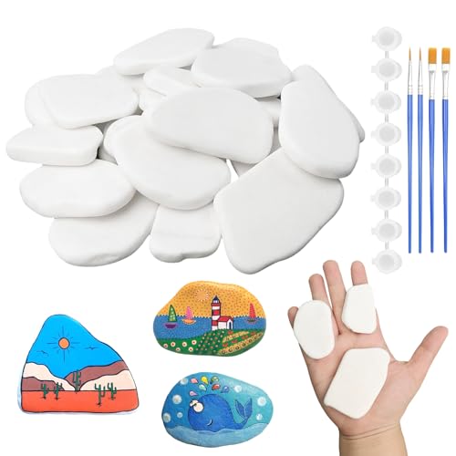 NETFLO 20 Stück Weiße Steine zum Bemalen mit Malutensilien 3-8 cm Flach Steine zum Bemalen Groß Natursteine für Heimwerken Basteln Malerei Aquarien und Dekoration