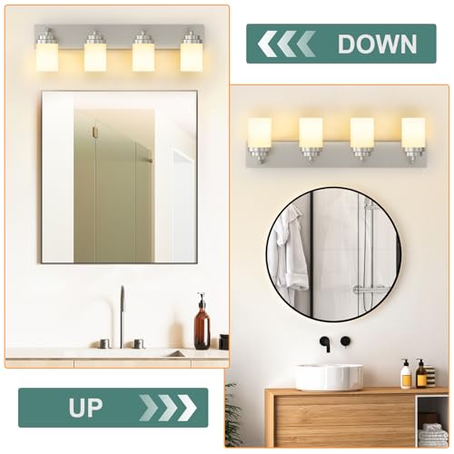 Image of IZORRO Bathroom Vanity Light Fixture, 4-Light 30 Inch Brushed Nickel Bathroom Light Fixtures Over Mirror, with White Glass Shade, Modern Farmhouse Vanity Lights, Rustic Restroom Lighting Fixtures