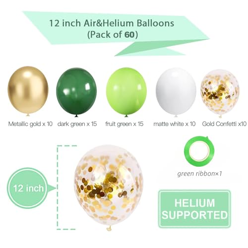 Image of Green and Gold Balloons, 60 PCS 12 Inches Dark Light Green Balloons Metallic Chrome Gold Confetti Balloon White Latex Ballons for Birthday Jungle Safari Theme Decorations