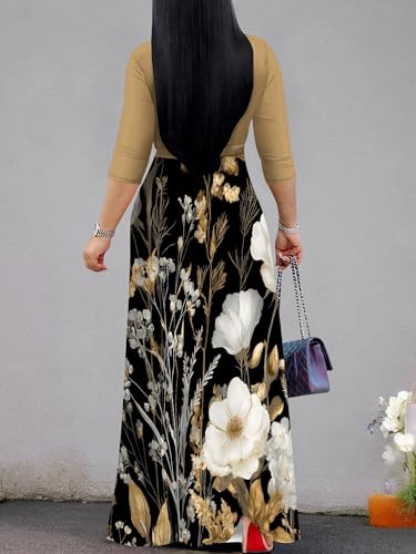 Image of SUZONANA Plus Size Dresses for Women Floral Print Maxi Dress Flowy 3 /4 Sleeve with Belt