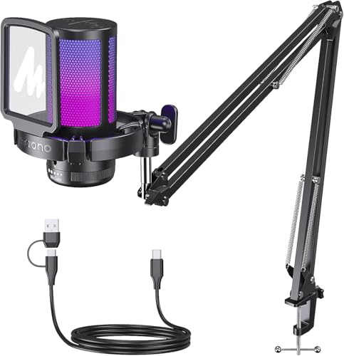 Image of Maono RGB Condenser Gaming Mic with Noise Cancellation, USB Podcast Microphone with Adjustable RGB Lights, 1-Click Mute, Mic Gain, 0-Lantency Monitoring for YouTube Video Recording, PC (DM20S /DGM20S-Black)