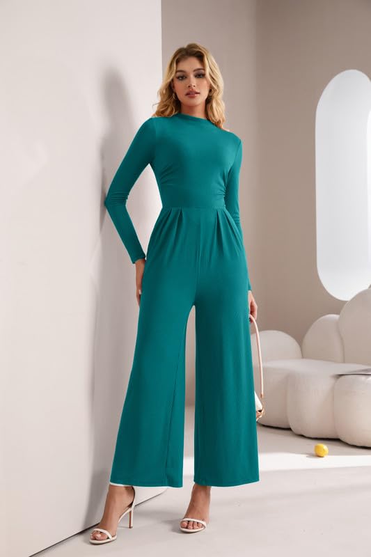 Mono Mujer Manga Larga Cuello en Tortuga Jumpsuit Elegante Pantalones de Pierna Ancha con Bolsillos Informal Monos de Una Pieza con Cremallera Moda Enterizo Otoño de Ceremonia Cóctel Salir