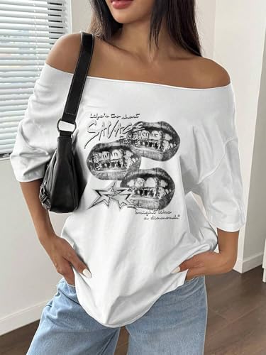 Image of SXV STYLE Women's Off Shoulder t Shirt, Savage Lips Graphic Print, Long Sleeve, White and Black